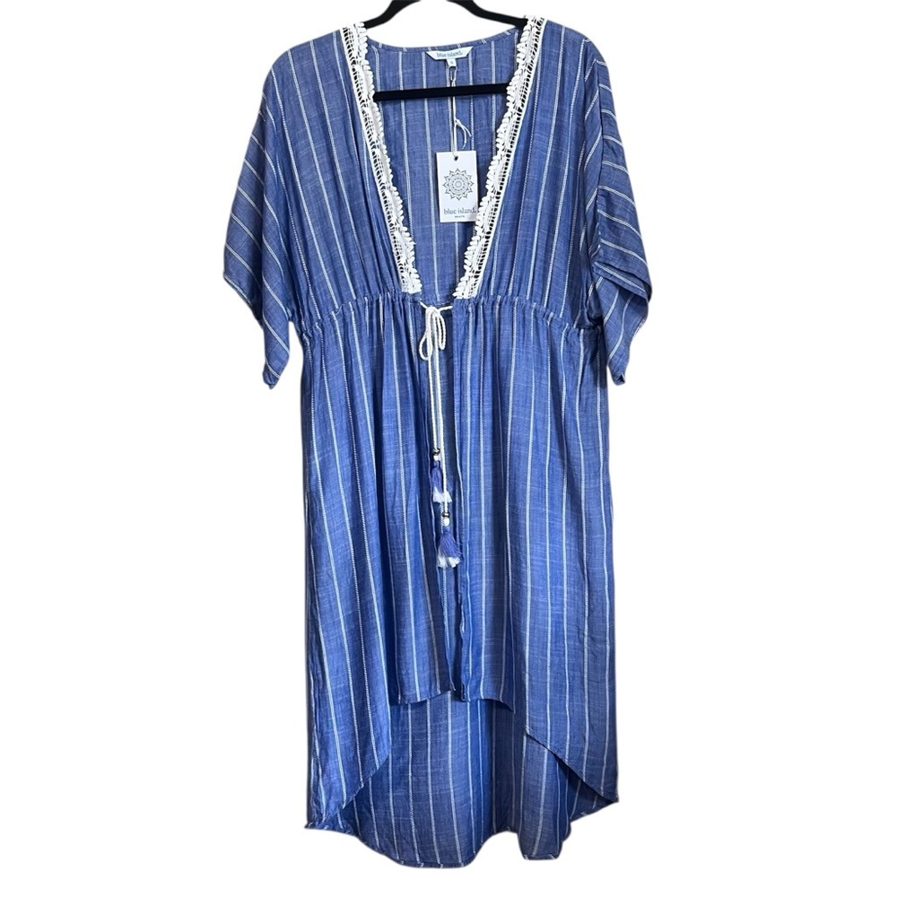 Blue Island Beach 100% Rayon Swim Beach Coverup Blue & White Size Small
